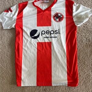 Pepsi Red and White Vertical Stripe Soccer Jersey